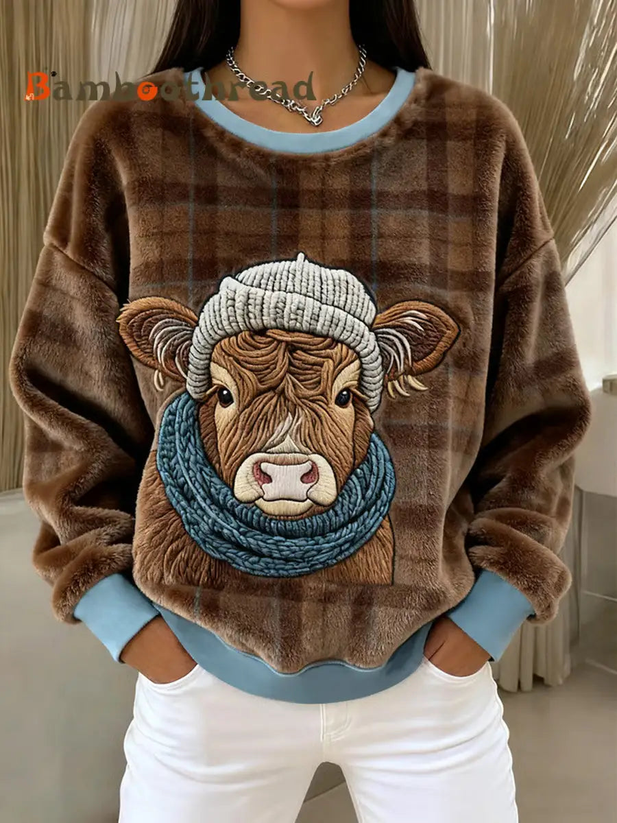 Women’s Winter Cute Highland Cow Flannel Hoodie As picture / S