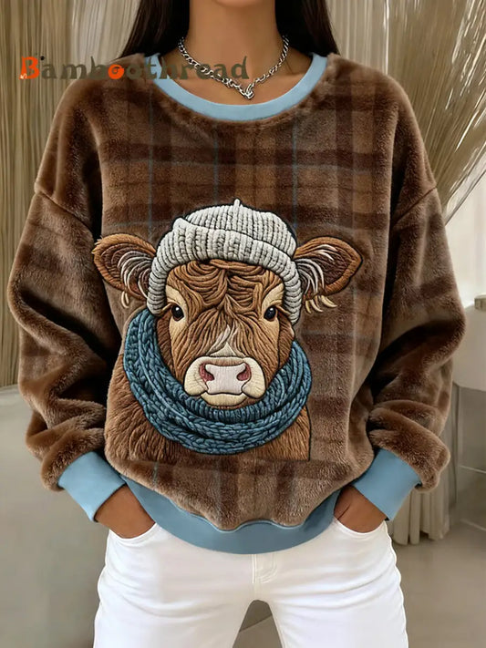 Women’s Winter Cute Highland Cow Flannel Hoodie As picture / S