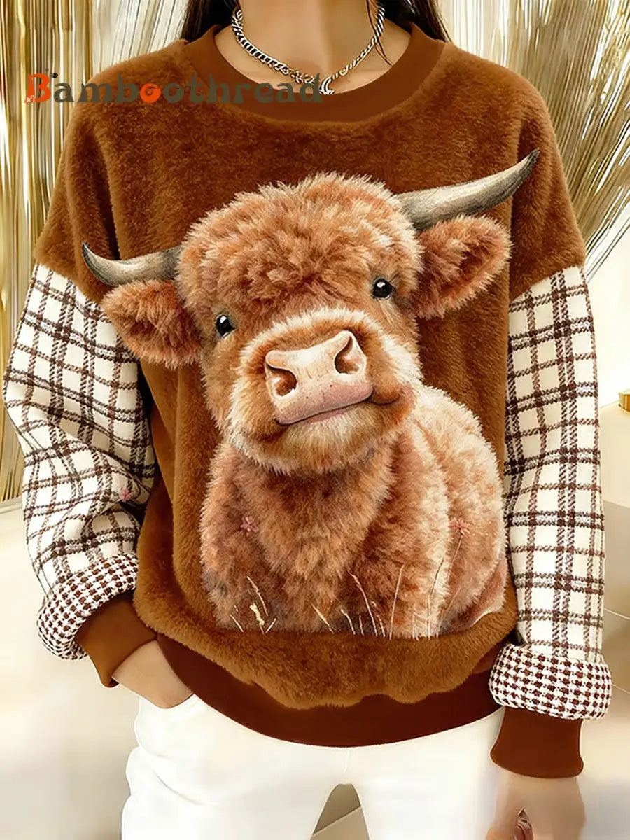 Women’s Winter Cute Highland Cow Flannel Hoodie As picture / S