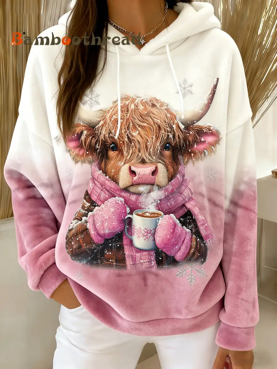 Women’s Winter Cute Highland Cow Flannel Hoodie As picture / S