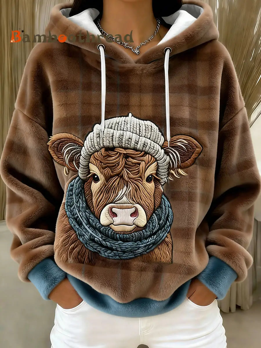 Women’s Winter Cute Highland Cow Flannel Hoodie As picture / S