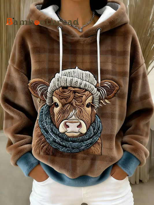 Women’s Winter Cute Highland Cow Flannel Hoodie As picture / S