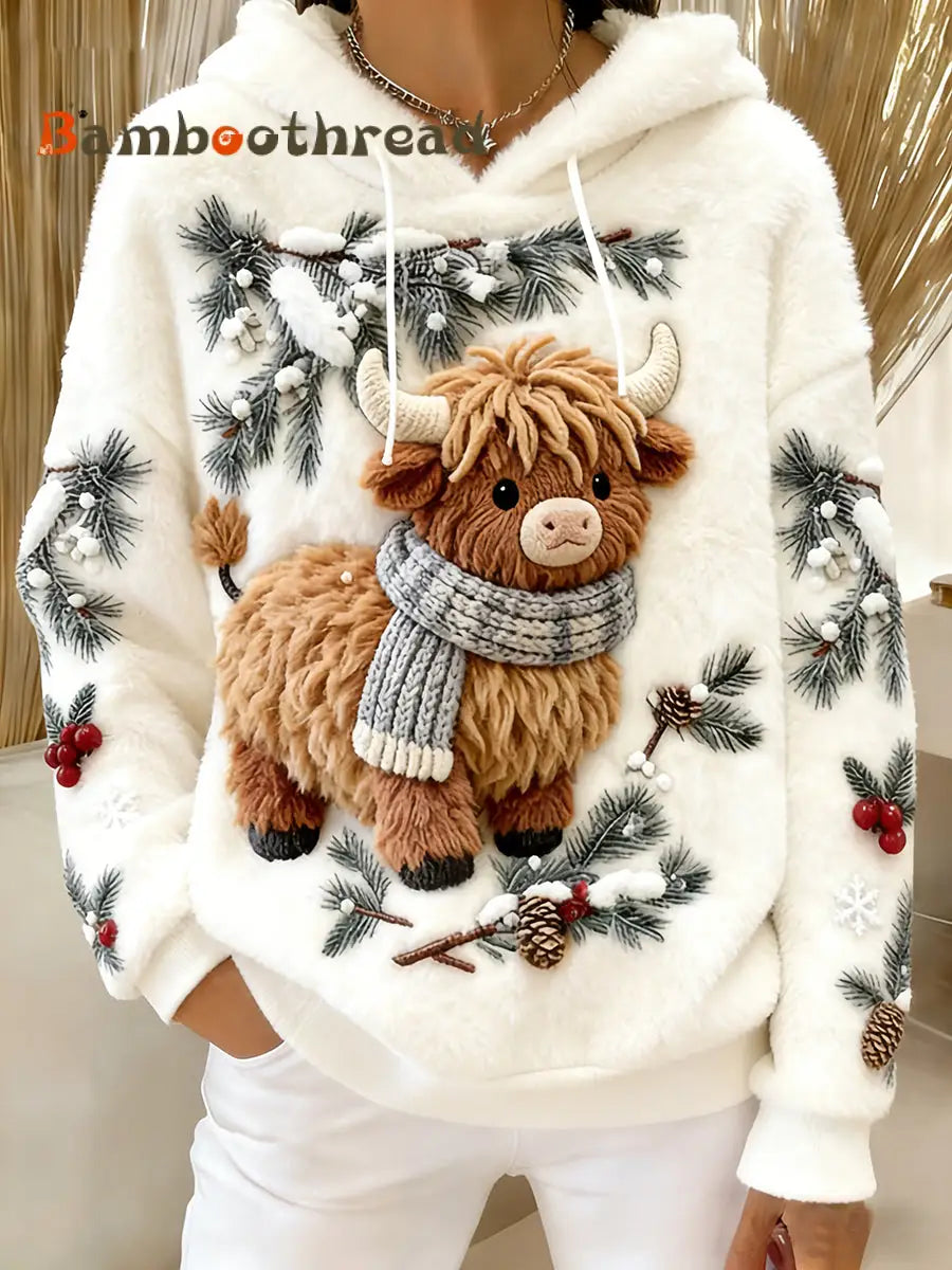 Women’s Winter Cute Highland Cow Flannel Hoodie White / S