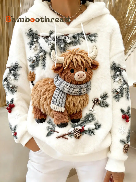 Women’s Winter Cute Highland Cow Flannel Hoodie White / S