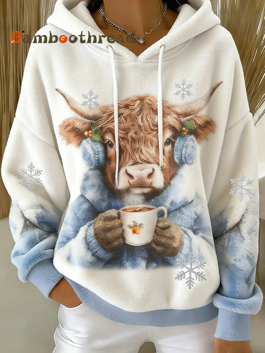 Women’s Winter Cute Highland Cow Flannel Hoodie White / S