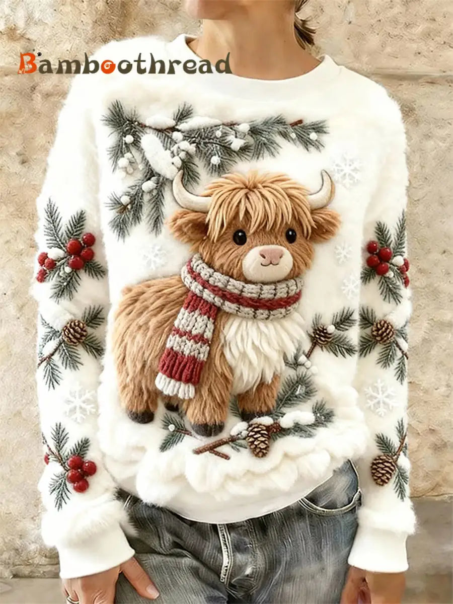 Women’s Winter Cute Highland Cow Flannel Hoodie White / S