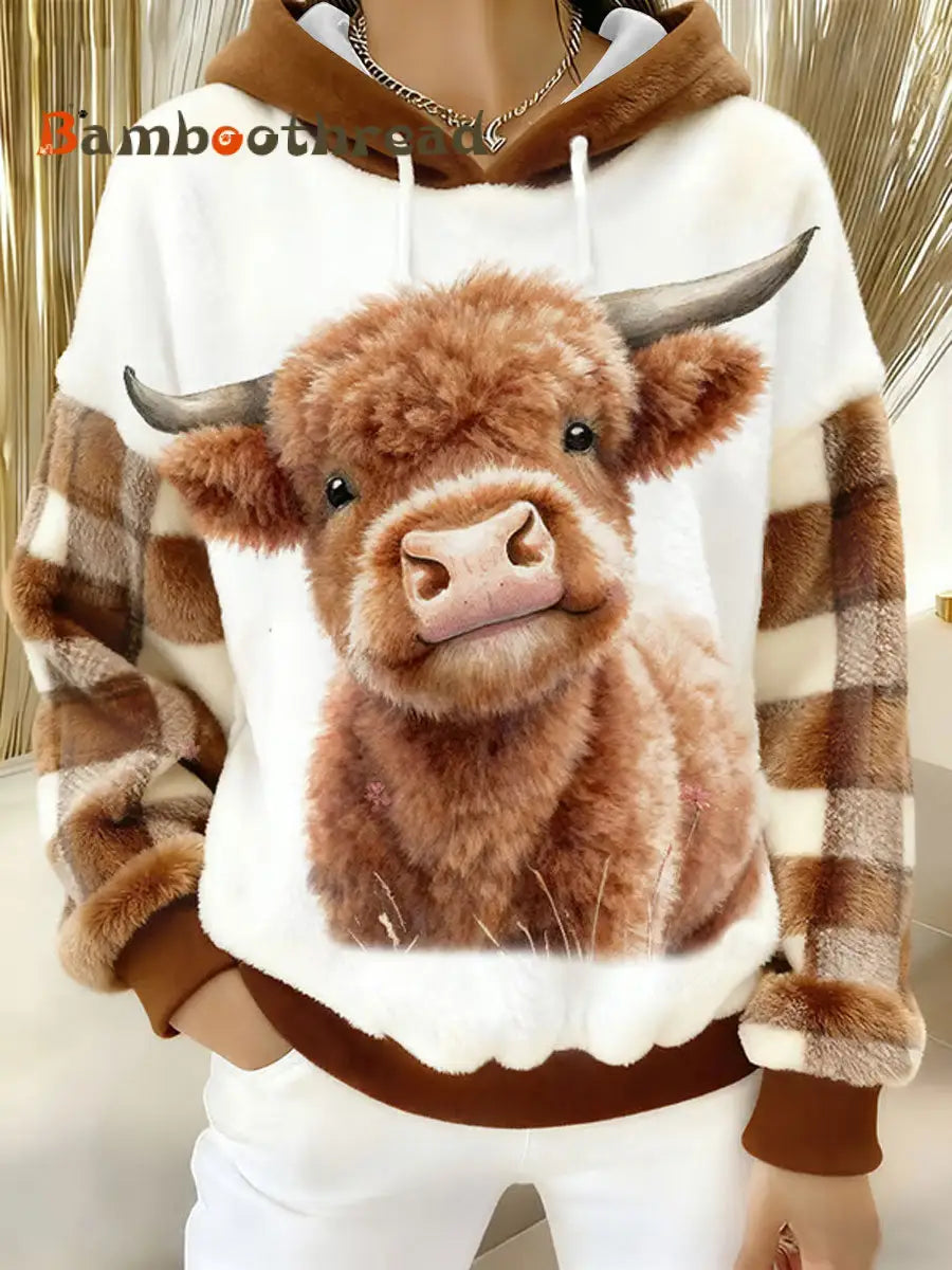 Women’s Winter Cute Highland Cow Flannel Hoodie White / S