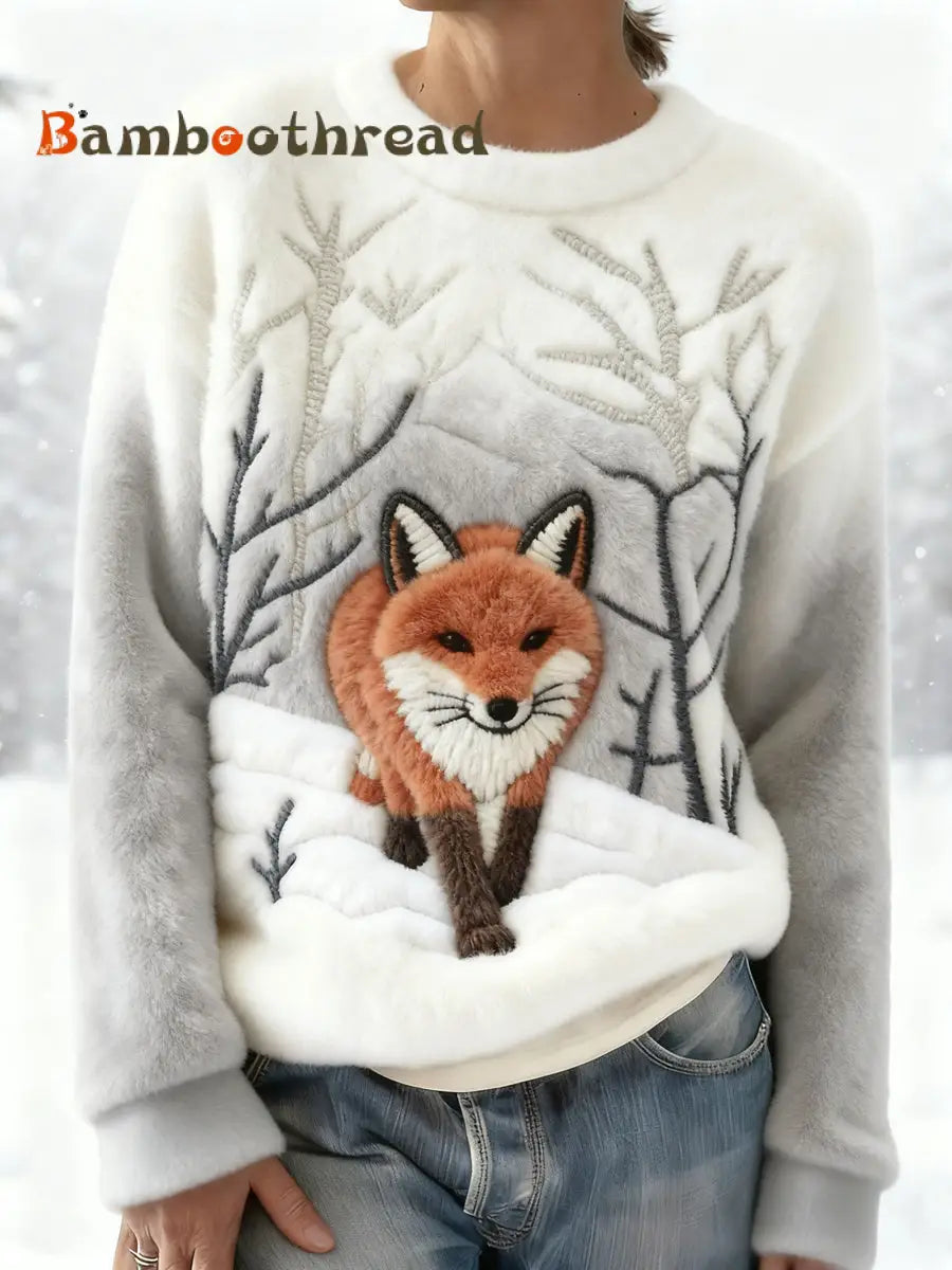 Women’s Winter Fox Print Casual Flannel Hoodie Off-White / S