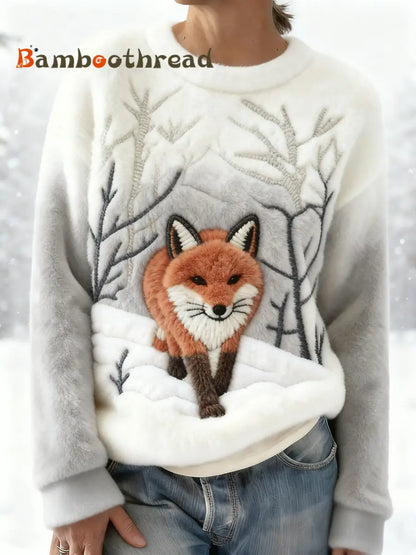 Women’s Winter Fox Print Casual Flannel Hoodie Off-White / S