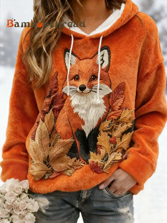 Women’s Winter Fox Print Casual Flannel Hoodie Orange / S