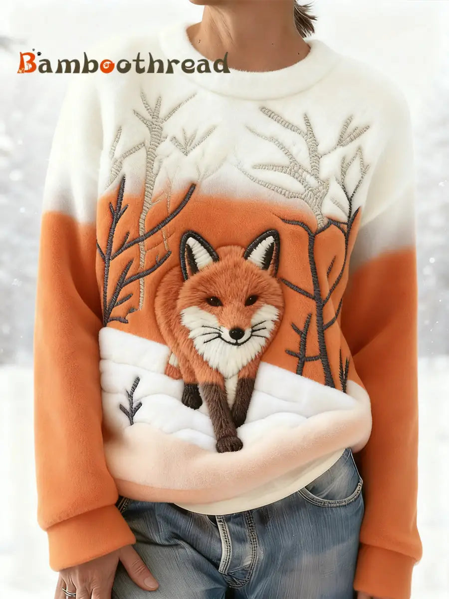 Women’s Winter Fox Print Casual Flannel Hoodie Orange / S