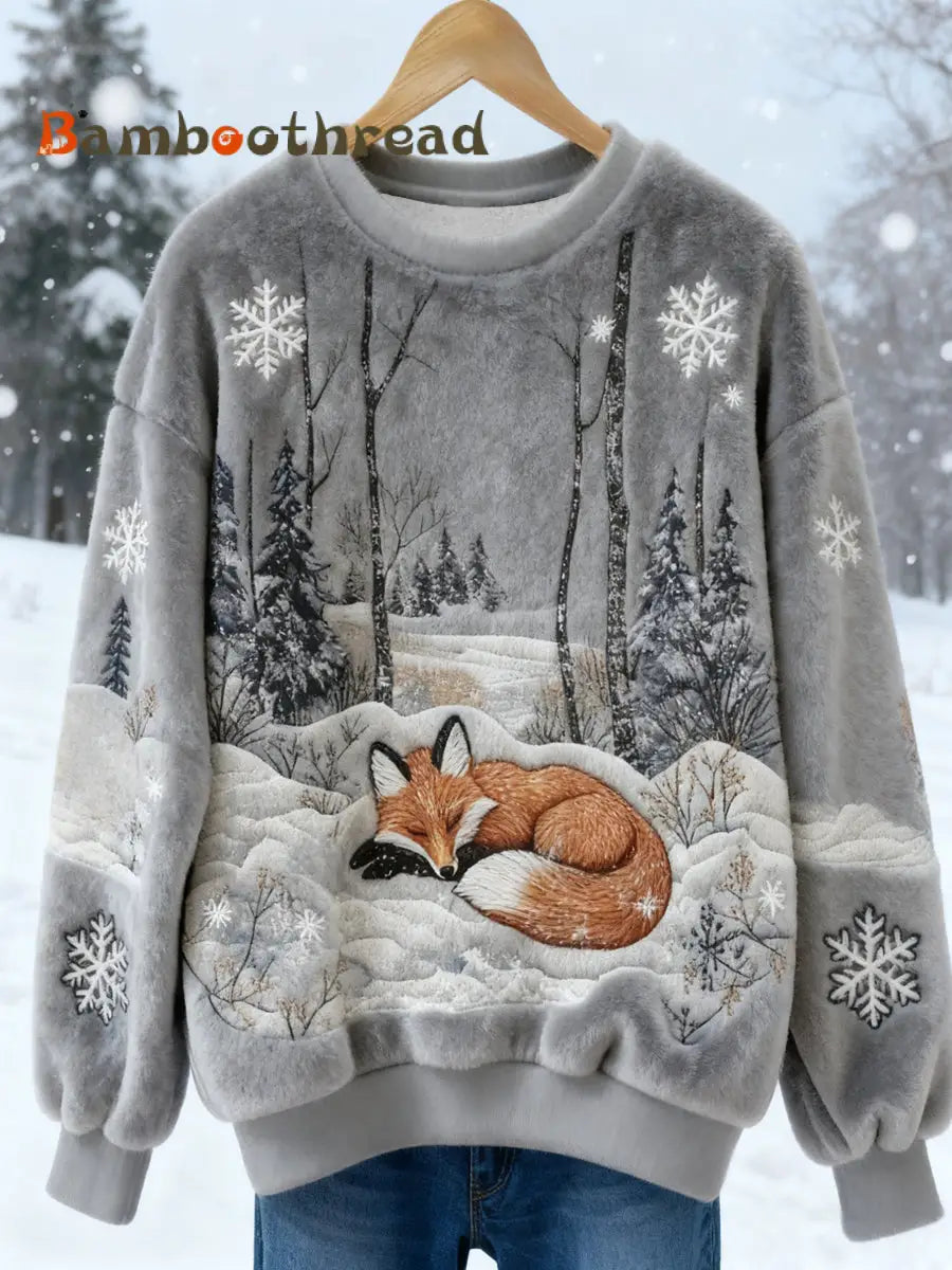 Women’s Winter Fox Print Casual Flannel Sweatshirt Gray / S