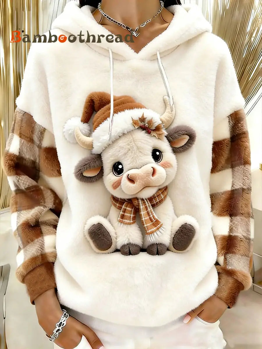 Women’s Winter Highland Cow Flannel Hoodie As picture / S