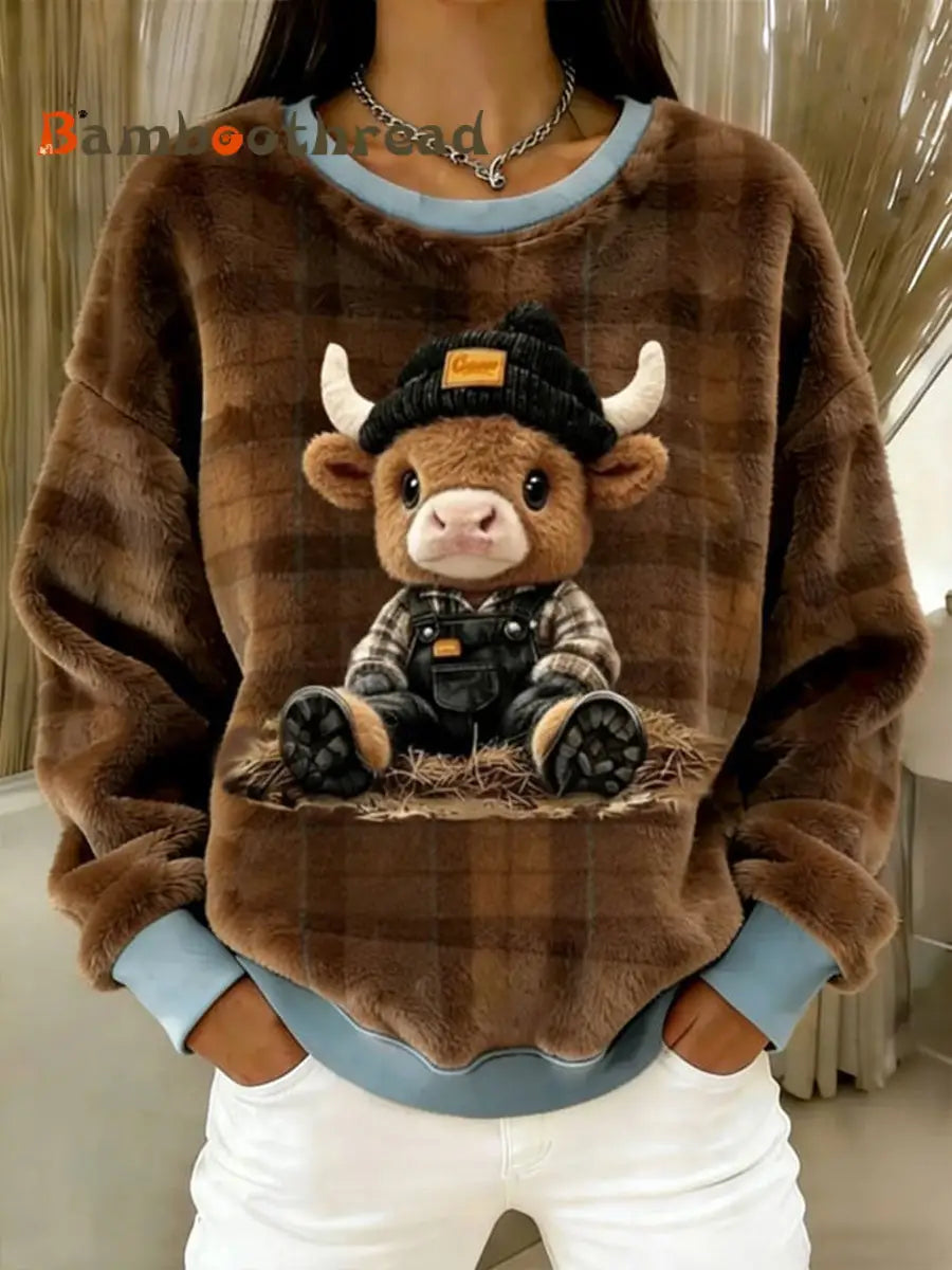 Women’s Winter Highland Cow Flannel Hoodie Brown / S