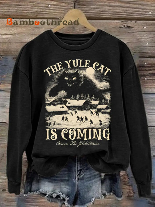 Women’s Yule Cat Is Coming Christmas Art Print polyester sweatshirt Black / S